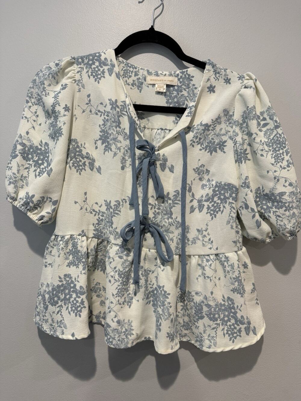 Monteau Los Angeles Floral Tie Front Peplum Blouse Blue Cream Small Cottagecore